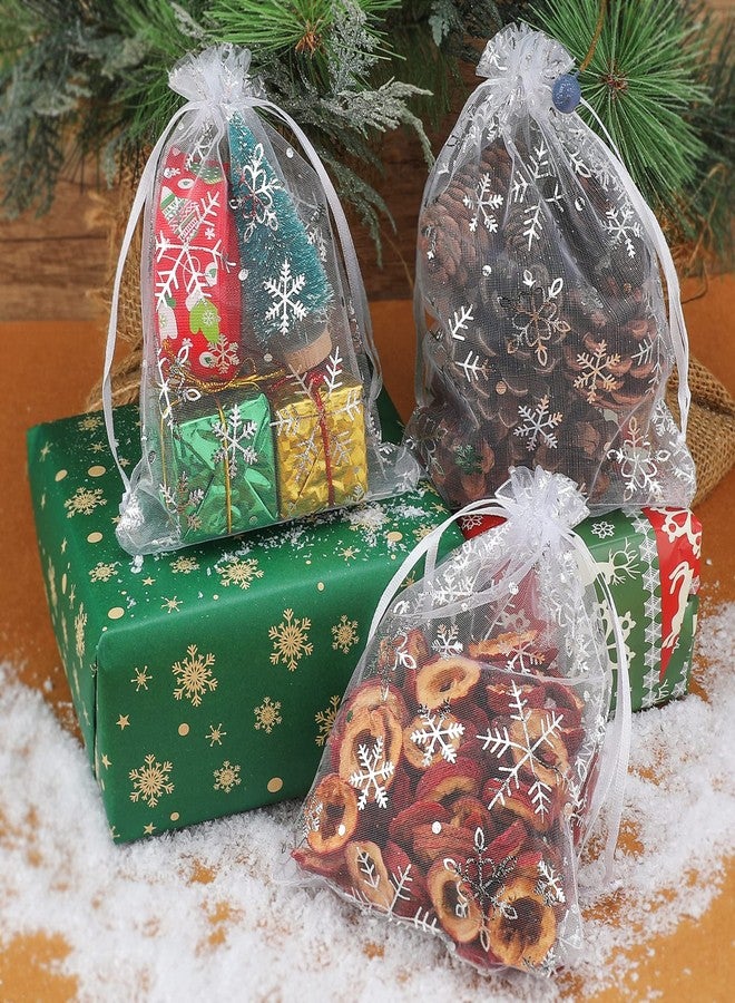 جيجاكرافت أكياس أورجانزا من jijAcraft مقاس 5x7 بوصة لعيد الميلاد - 50 قطعة من أكياس هدايا ندفة الثلج البيضاء برباط، أكياس شبكية شفافة لهدايا حفلات عيد الميلاد، مناسبة لهدايا الشتاء والحلوى والمجوهرات - Image 4